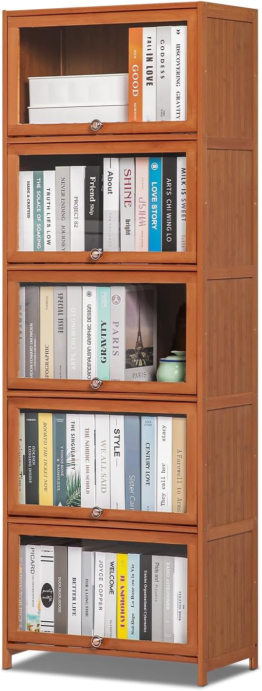 Bamboo 4-Tier Display Case Bookcase with Clear Acrylic Flip-Up Doors