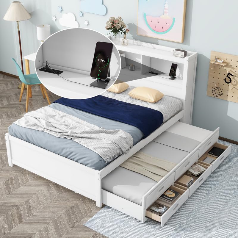 Size Daybed with Storage Headboard, Trundle and 2 Drawers, Built-in USB Plugs, Full Bed
