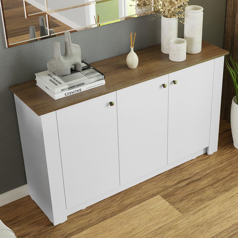 Madesa Sideboard Buffet Cabinet, Modern Storage Cabinet with 3 Doors, 31" H, 15" D, 53" L - White/Brown