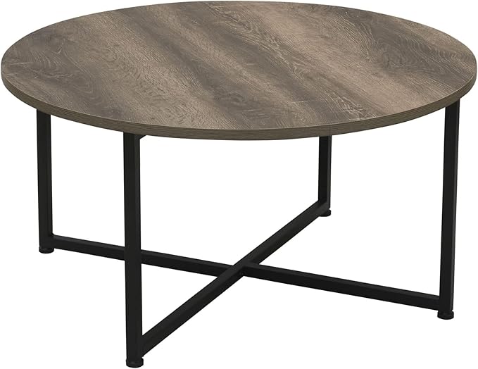 Jamestown Round Coffee Table Black Oak Wood Grain and Black Metal