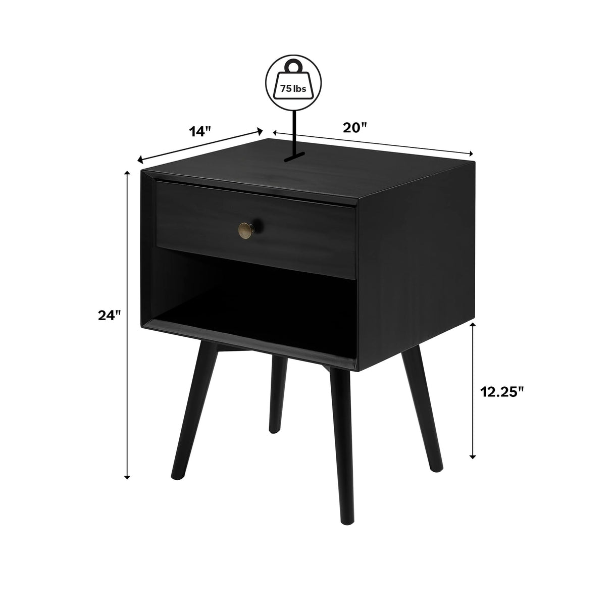 Ella Mid Century Modern 1 Drawer Solid Wood Nightstand, 1 Pack, Black