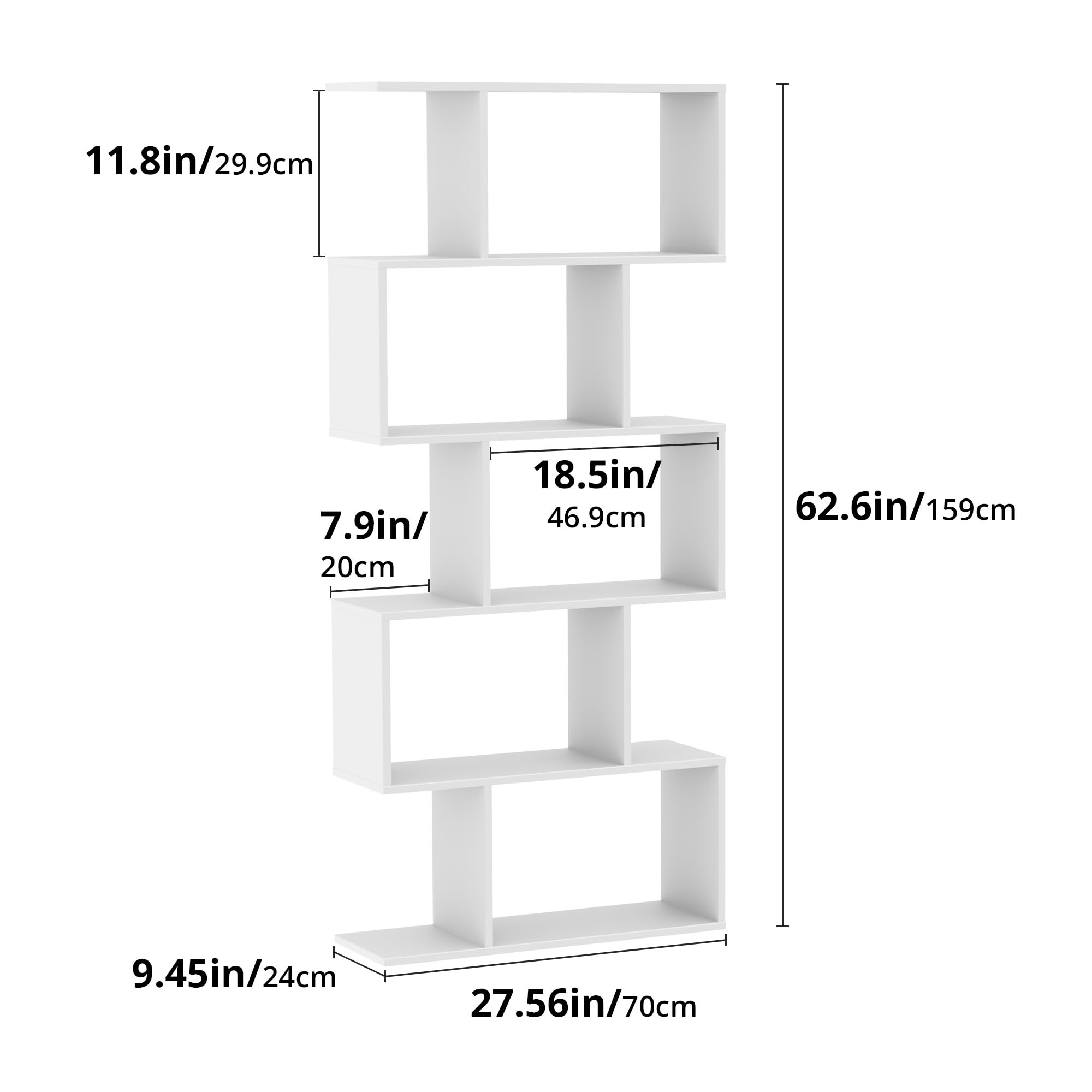 Set of 2 Geometric Bookcase, S-Shaped Modern Bookshelf, Room Divider Bookshelf, 62" Tall Unique Abstract Bookcase with 5-Tier Display Shelf for Living Room Office, White & Black