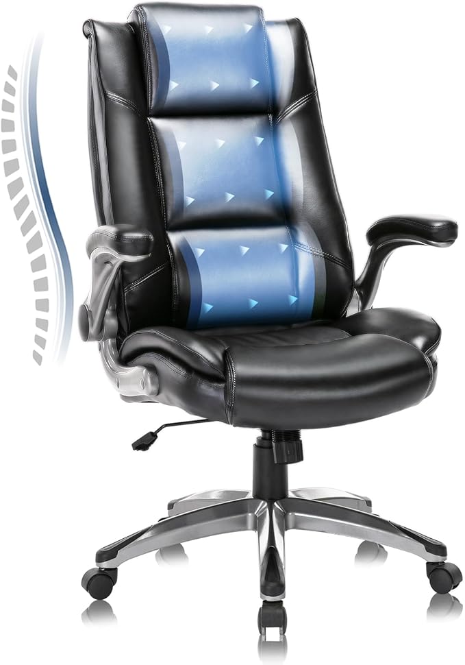 Leather Executive Office Chair - High Back Home Computer Desk Chair with Padded Flip-up Arms