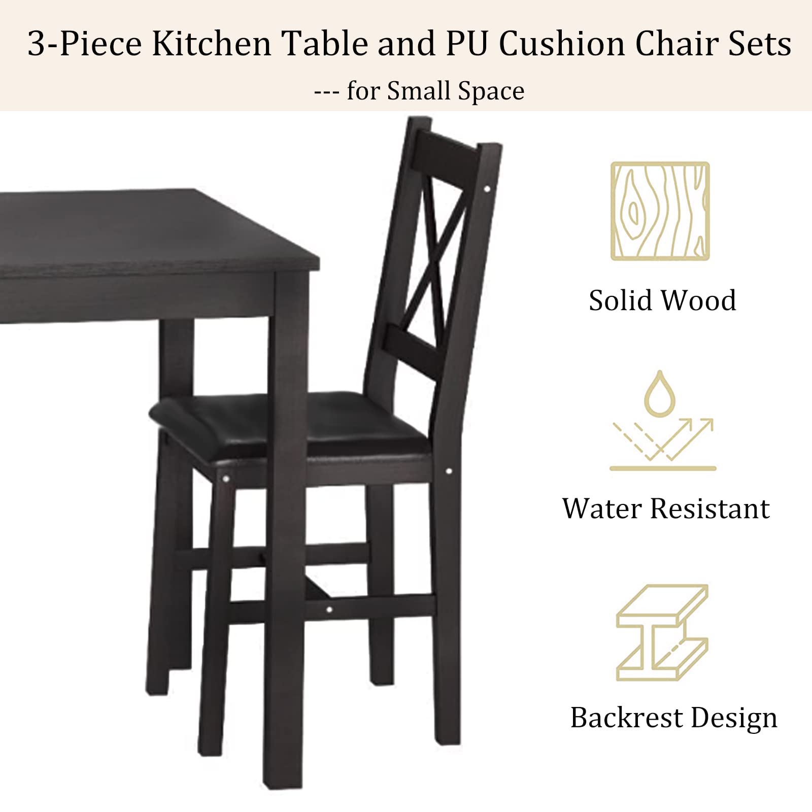 3-Piece Solid Pine Dining Table Set for 2 - Dark Brown