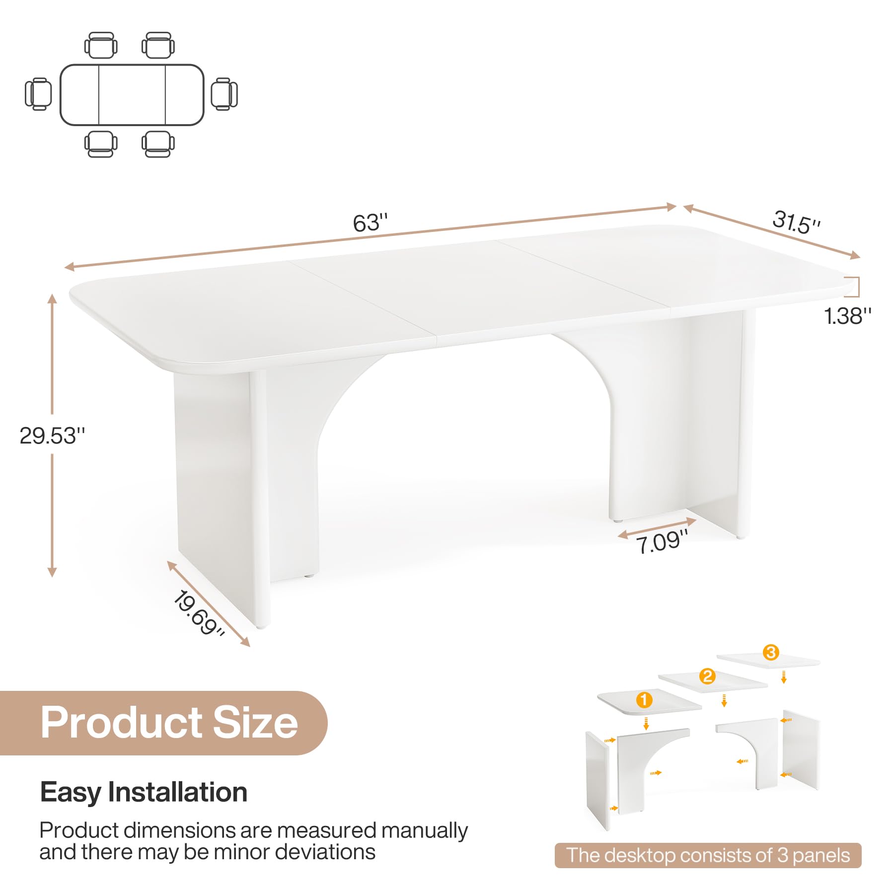 63" Modern White Dining Table for 4-6 People