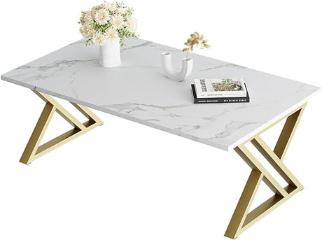 Coffee Table Living Room Table White Center Table, Simple Modern Faux Marble Rectangular Tea Table with Sturdy Gold-