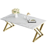 Coffee Table Living Room Table White Center Table, Simple Modern Faux Marble Rectangular Tea Table with Sturdy Gold-