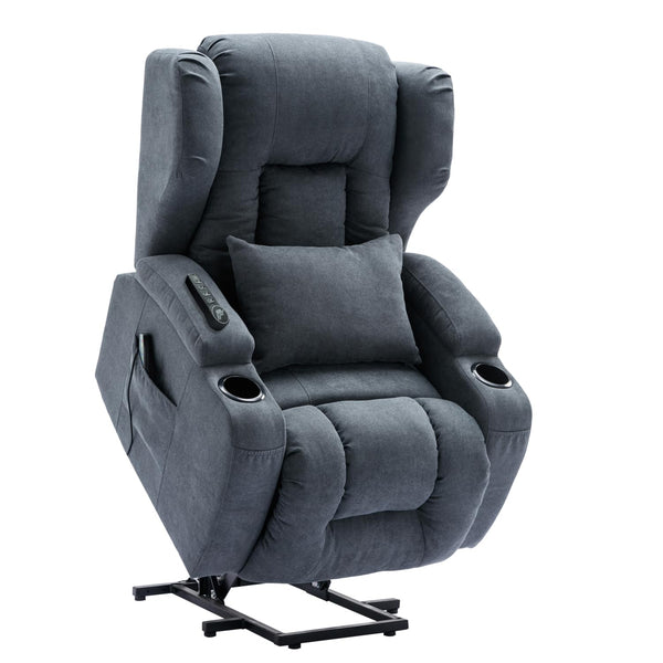 URRED Recliner Chair,Linen Fabric Power Lift Recliner with Heat & Massage,Single Lazy Sofa with 2 Cup Holders,Lumbar Pillow,Side Pockets,USB Ports for Living Room (Blue Grey)