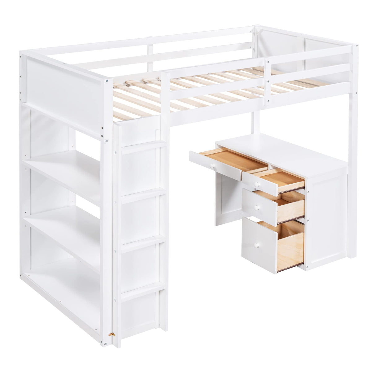 Twin Loft Bed with Desk and Four Storage Shelves and 5 Drawers, Wood Loft Beds Frame