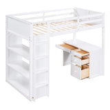 Twin Loft Bed with Desk and Four Storage Shelves and 5 Drawers, Wood Loft Beds Frame
