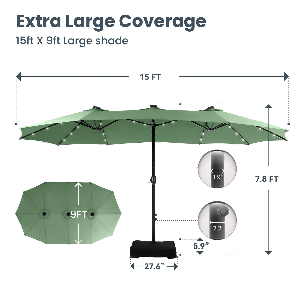 15ft Large Patio Umbrella with Solar Lights, Double-Sided Outdoor Market Rectangle Umbrellas with 36 LED Lights,