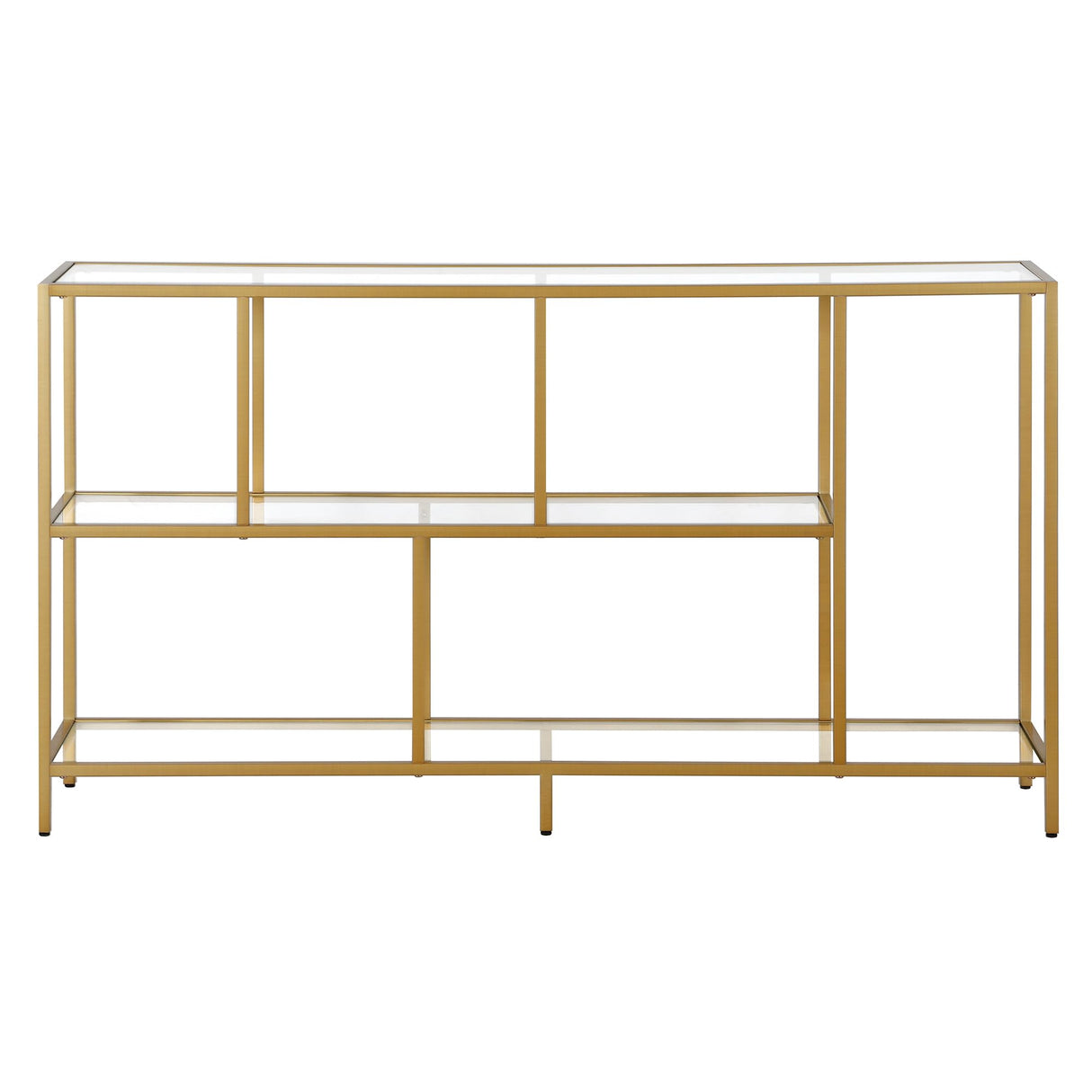 52" Wide Rectangular Console Table with Glass Shelves in Brass, Entryway Table,