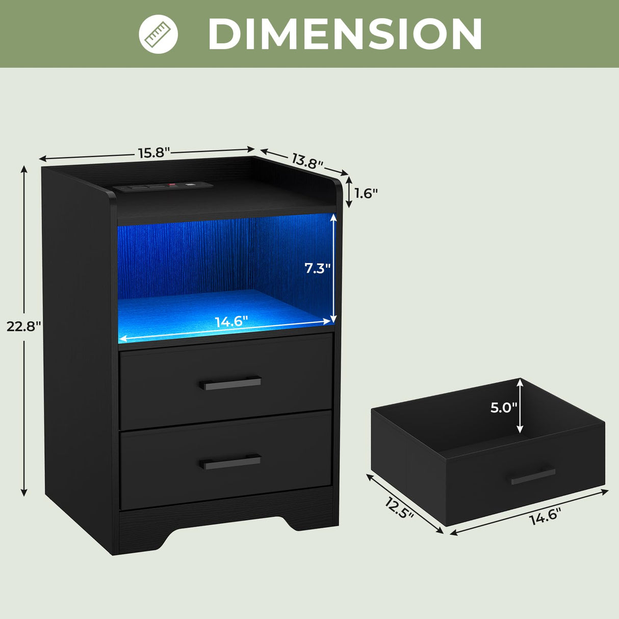 Nightstands Set of 2 with Charging Station and LED Lights, Modern Bedside Table