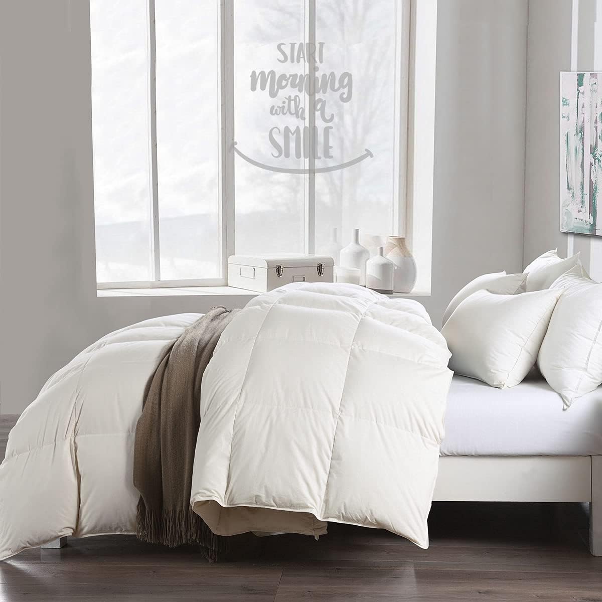 Lightweight Down Feather Fibers Comforter King, Thin All-Seasons Down Feather Fibers Duvet, Organic Cotton High Fill Power Cooling Comforter Insert (106x90, Ivory White)