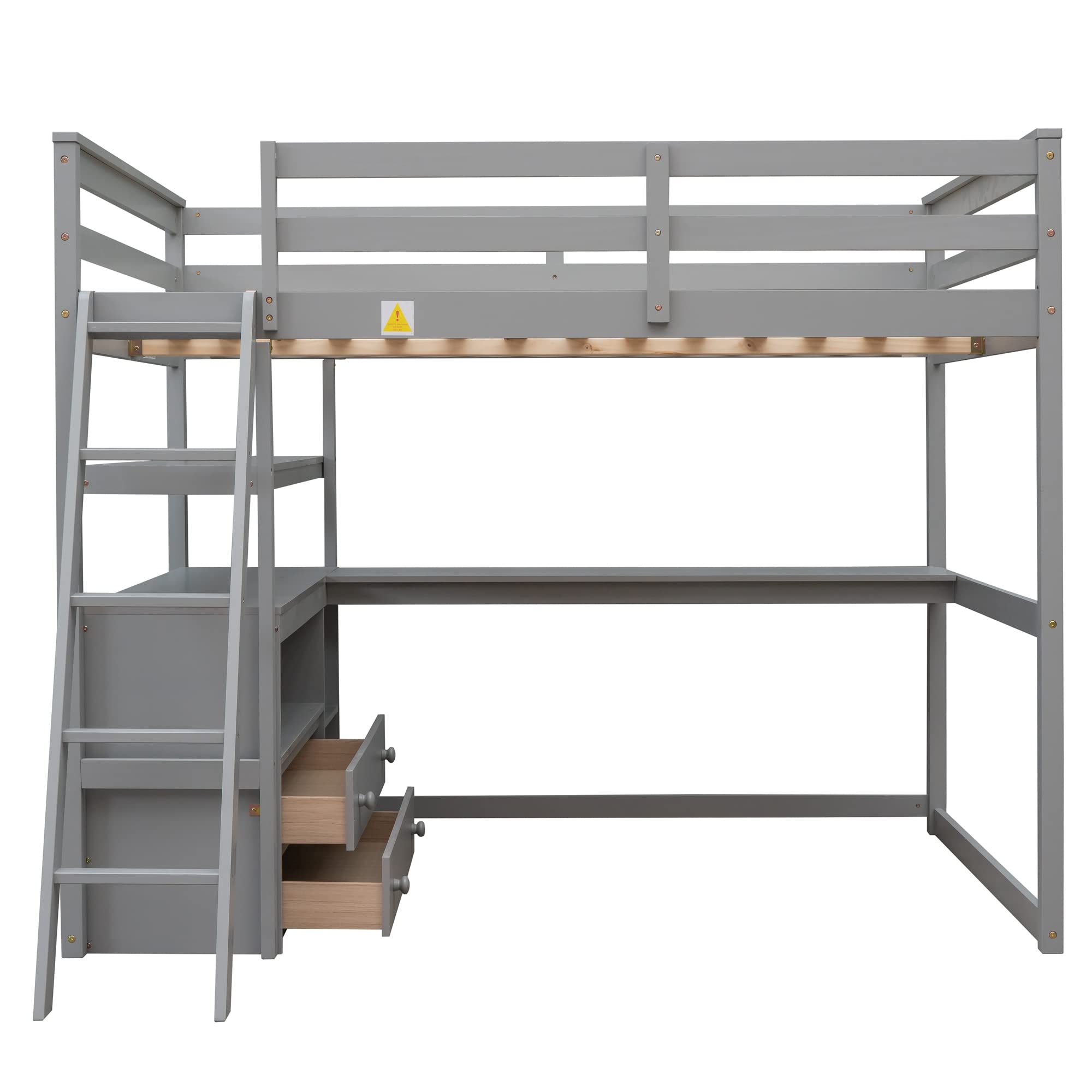 Full Size Loft Bed with Desk Wood Loft Bed Frame with Shelves, and 2 Built-in Drawers