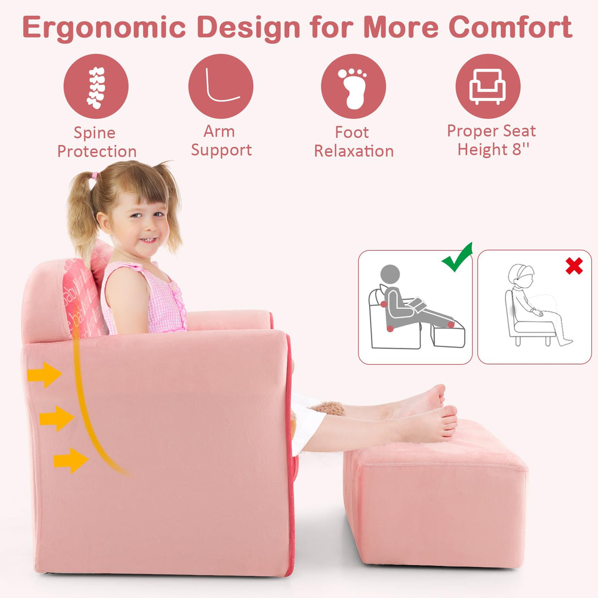 Pink Toddler Couch, Comfy Kids Chair w/Ottoman, Cute Bow, Lightweight Kids Playroom Furniture w/Velvet Cover & Wooden Frame, Princess Style Loveseat for Bedroom, Kids Sofa for Girls Boys