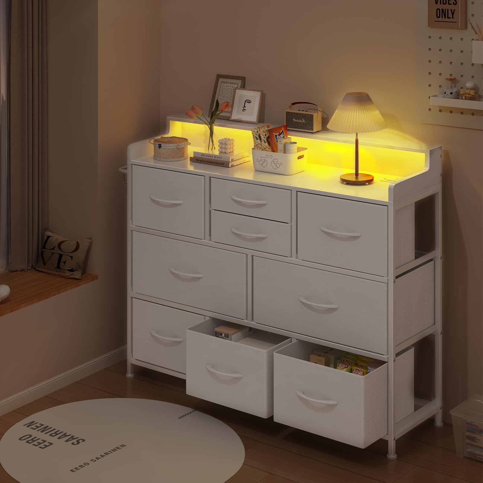 Dresser with Charging Station and LED Lights, Dresser for Bedroom TV Stand Dresser
