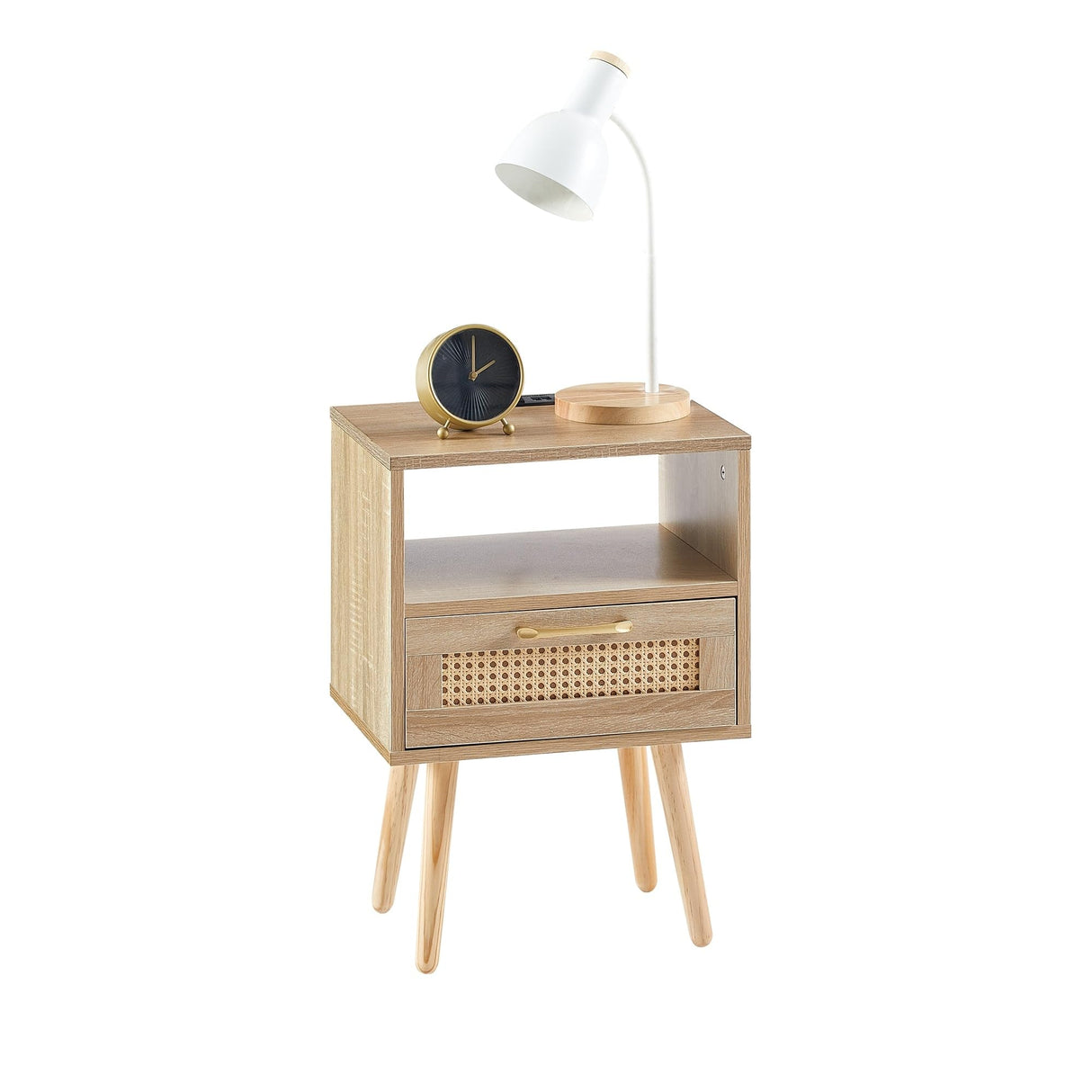 Rattan End Table with Drawer and Wood Legs, Modern nightstand, Side Table Brown