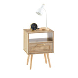 Rattan End Table with Drawer and Wood Legs, Modern nightstand, Side Table Brown