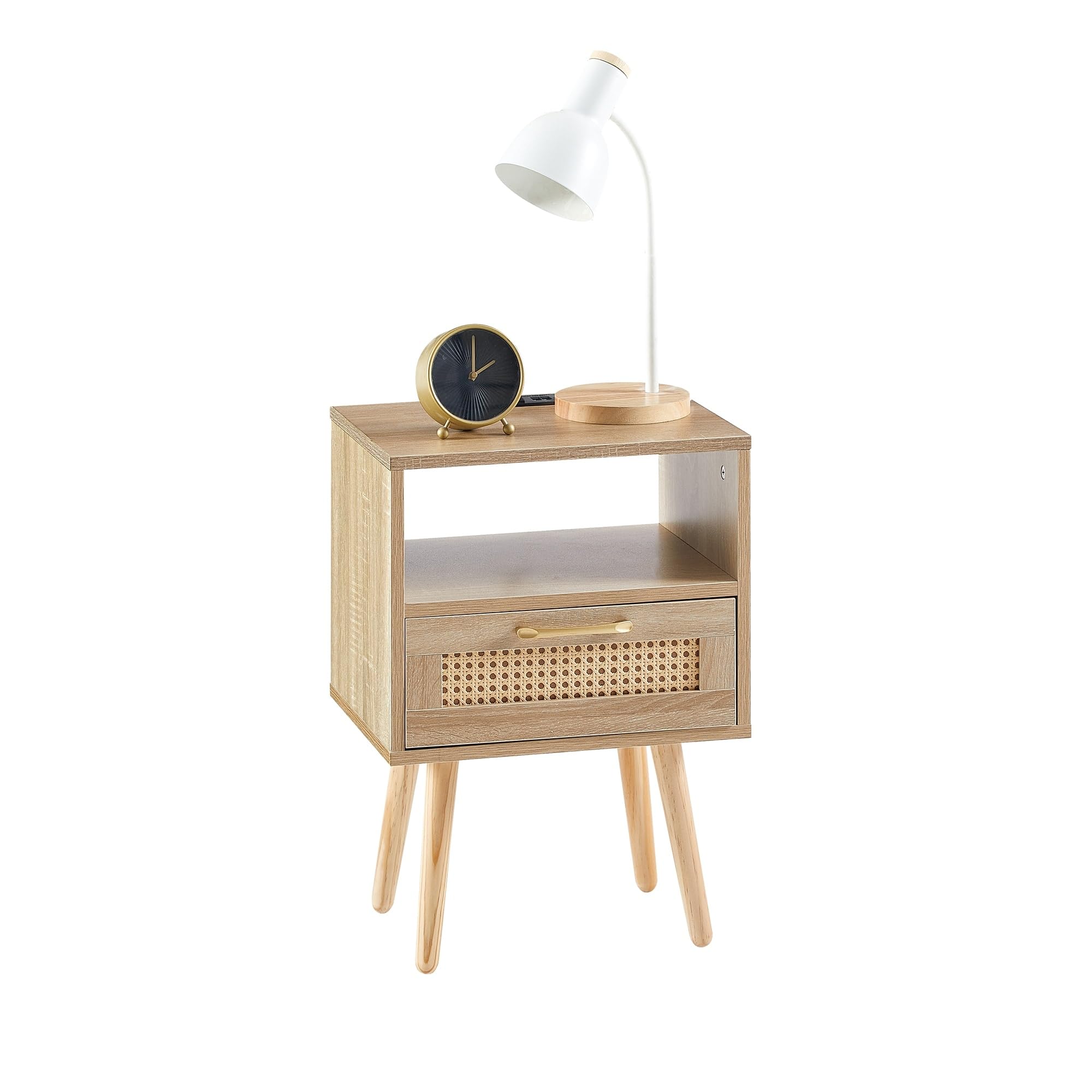 Rattan End Table with Drawer and Wood Legs, Modern nightstand, Side Table Brown