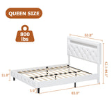 Modern Upholstered Queen Bed Frame with LED Lights, Faux Leather Low Profile Platform