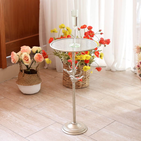 Gold Pedestal Drink Table Glass Top and Birds in Branch, Accent Round End Side Table