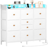 Dresser for Bedroom with Charging Station and LED Lights, Tall Dresser TV Stand With 10 Storage Drawers,Fabric White Dressers & Chests of Drawers,Wood Dresser for Kids Bedroom Closet Organizer