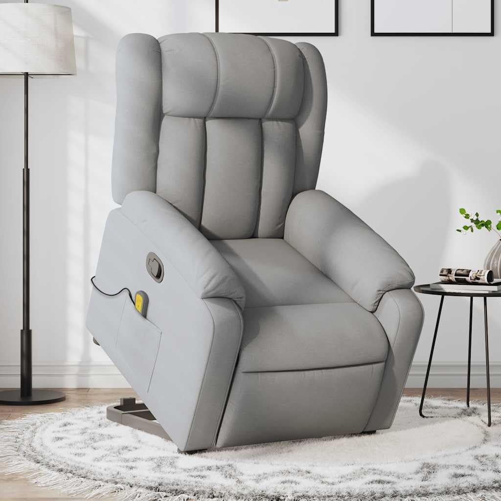 Up Power Lift Armchair - Light Gray Massage Recliner - Manual Adjust, Vibration Function, Fabric, Solid Frame