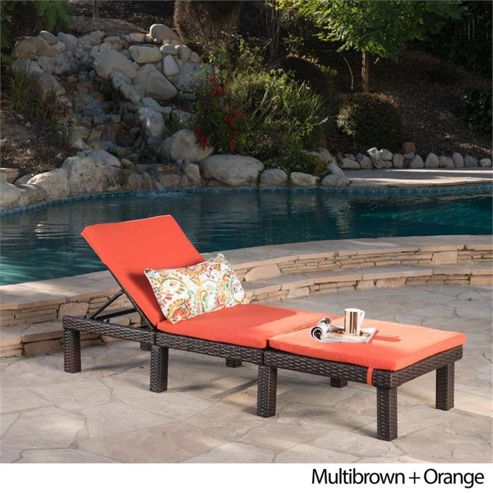 Outdoor Wicker Chaise Lounge with Water Resistant Cushion, Multibrown / Orange