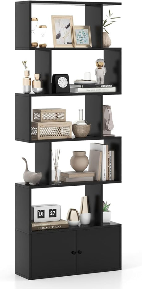 6-Tier Geometric Bookcase with Cabinet, Freestanding Display Shelves