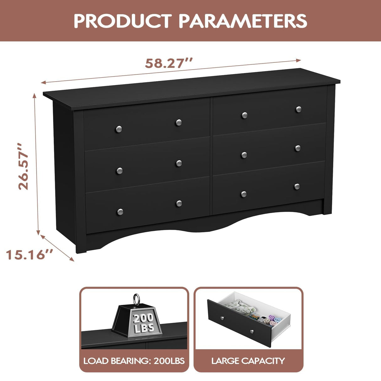 Dresser for Bedroom with 6 Drawers, Wide Chest Storage Organizer and TV Stand