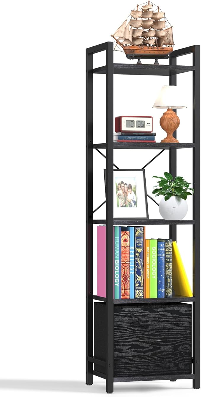 -Bookshelf-With-Storage-Drawer, 5-Tier Small Standing Book Shelf Organizer For Small Space, Tall Thin Bookcase Shelf For Bedroom Living Room Office, Wooden Shelving Unit Rack For Display