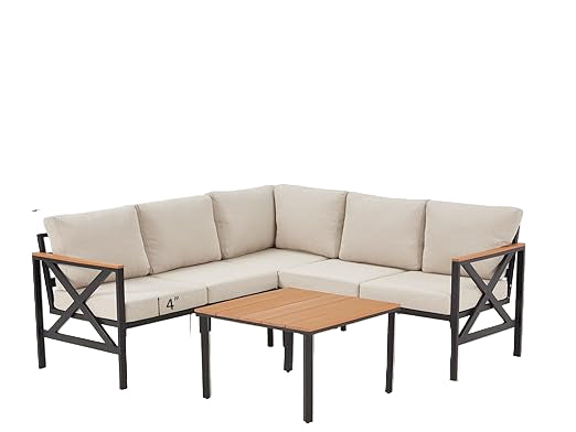 6 Pieces Patio Furniture Sets, L-Shaped Patio Conversation Sets Metal Outdoor ,Sofas