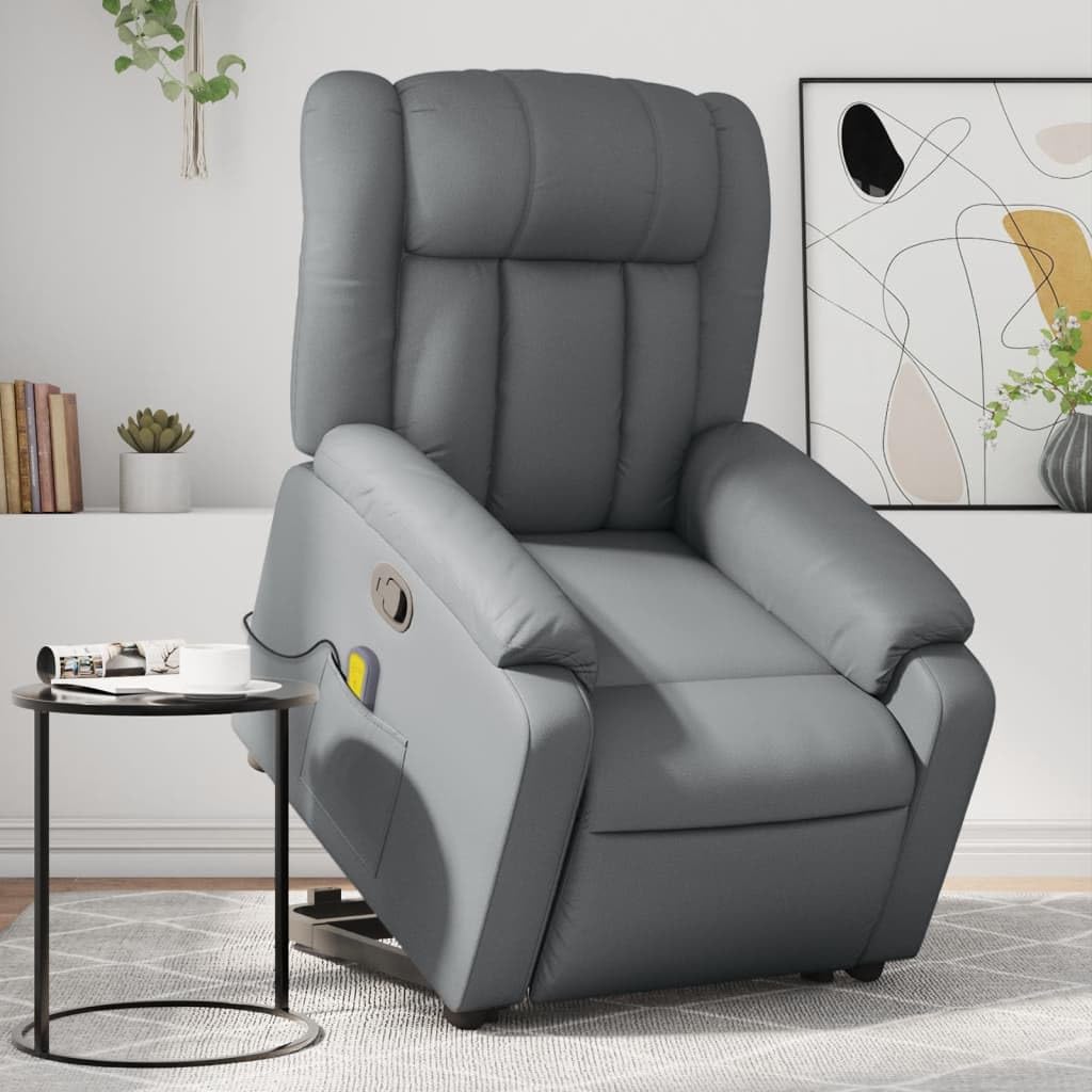 Leather Massage Recliner Chair - Power Lift Armchair, Manual Tilt, 6-Point Vibration, Side Pocket - Gray