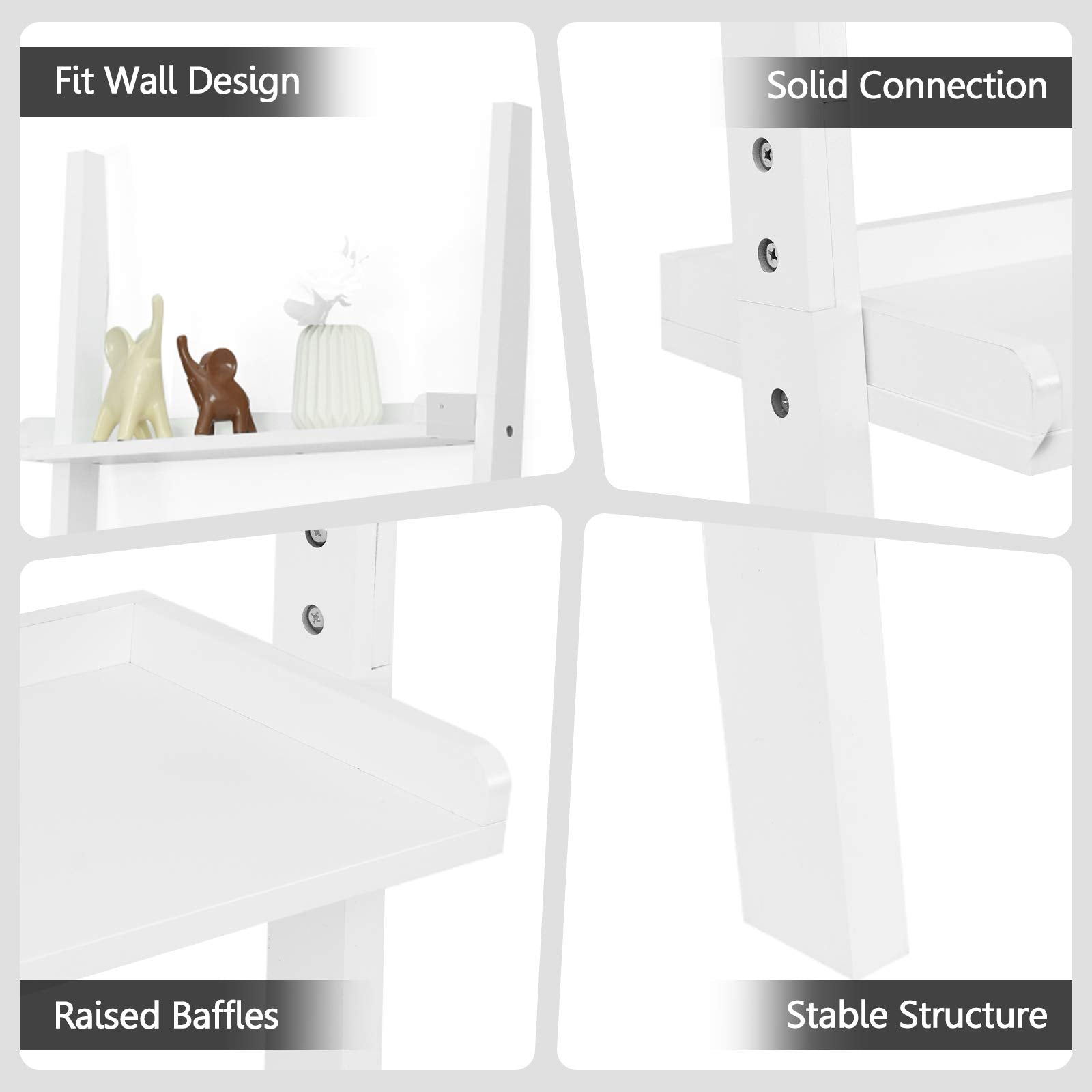 FANTASK White Ladder Shelf, Elegant 5-Tier Leaning Bookshelf, Wood Plant Flower Stand, Stable Storage Rack Shelves for Living Room, Office, Kitchen, Home