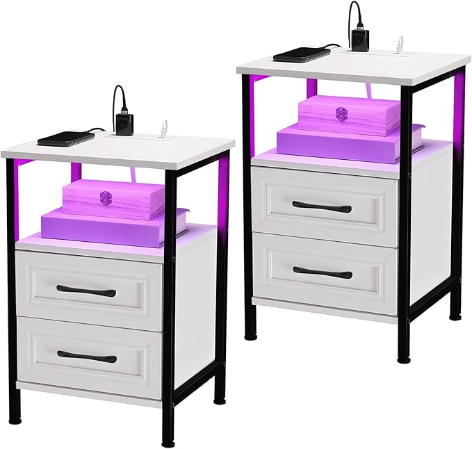 Nightstands Set of 2,Nightstand with Charging Station and RGB Lights,2 Drawers Bedside