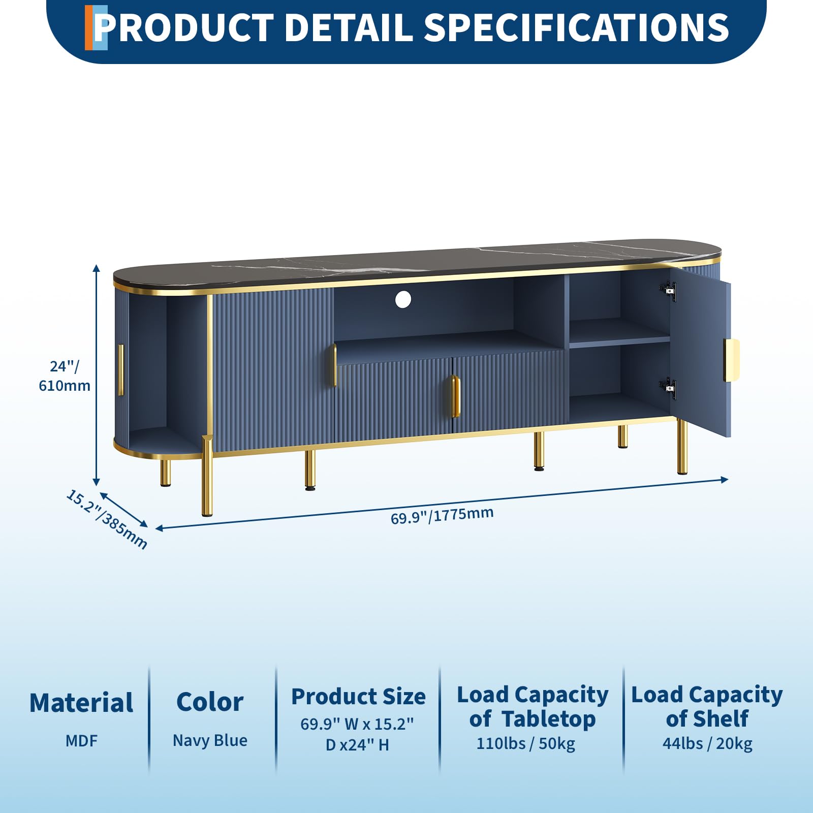 70-Inch Fluted TV Stand with Faux Marble Top - Navy Blue
