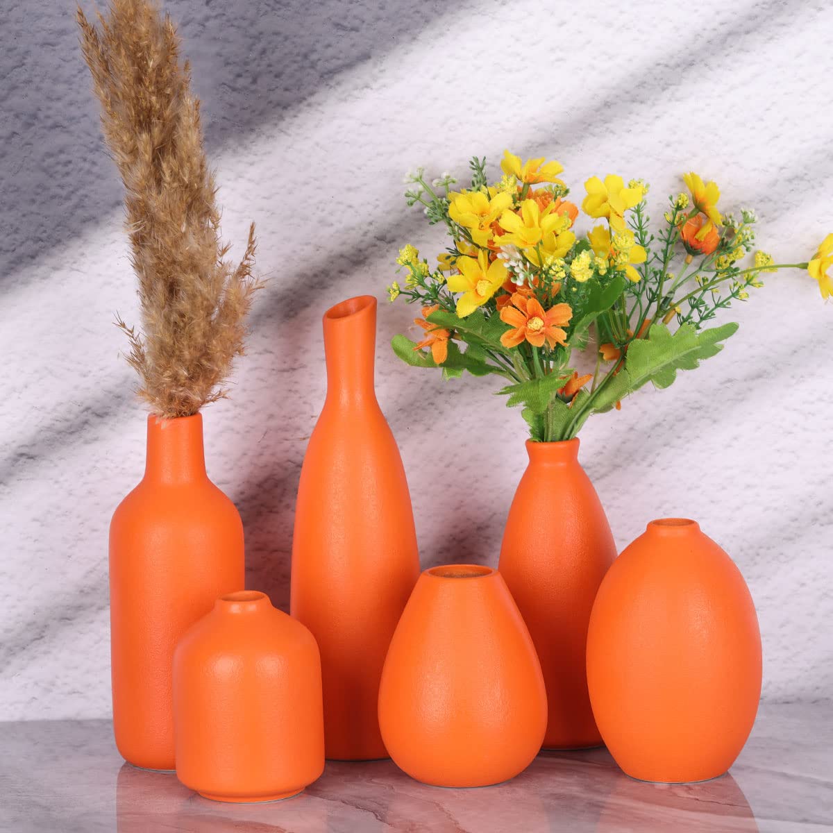 Orange Ceramic Bud Vases Set of 6, Farmhouse Decor, Fireplace Decor