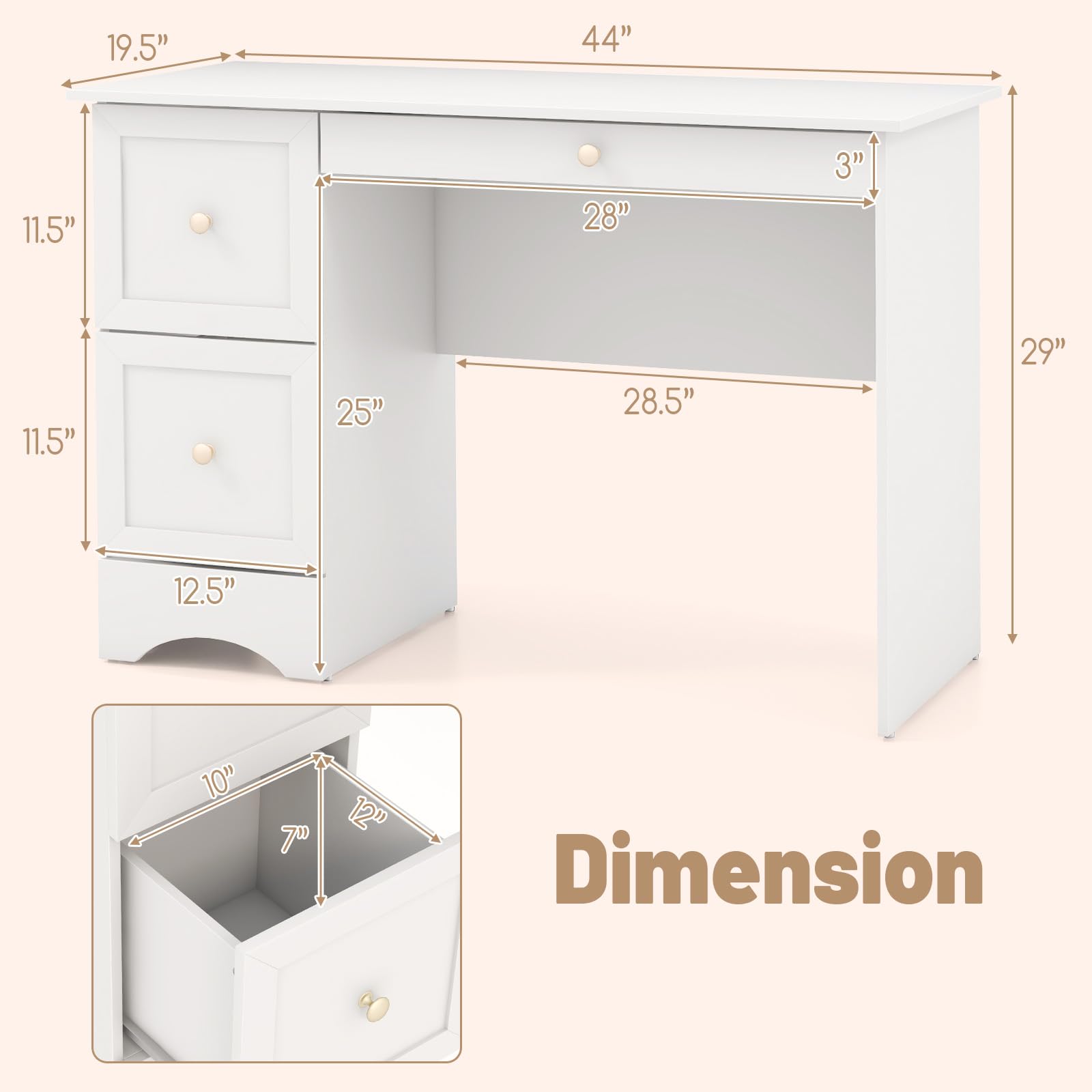 White Desk with 3 Drawers, Wooden Home Office Desk PC Laptop Notebook Desk