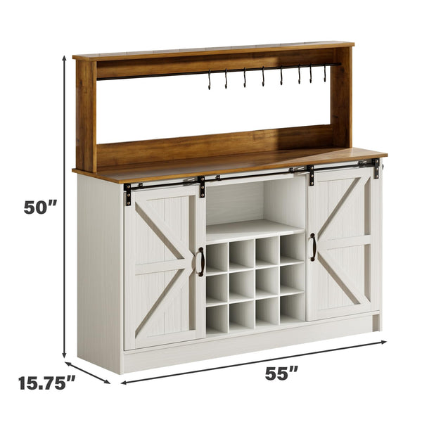 4ever2buy Farmhouse Coffee Bar Cabinet with 8 Hooks, 55” Kitchen Hutch Cabinet with Storage, White Coffee Bar with Sliding Barn Doors, Wine Bar Cabinet with 12 Racks for Living Dining Room