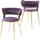 Modern Velvet Dining Chairs Set of 2, Upholstered Living Room Chair with Woven Back and Golden Metal Legs