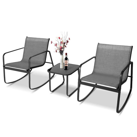 SUNCROWN 3-Piece Outdoor Rocking Bistro Set, Outdoor Furniture Set with Patio Rocking Chairs, and Glass-top Table, Small Conversation Set of 3 for Porch, Lawn, Garden, Yard, Balcony, Poolside, Grey