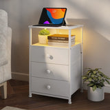 Nightstand with LED Light, Charging Station, and 3 Fabric Drawers, White, 1 Pack