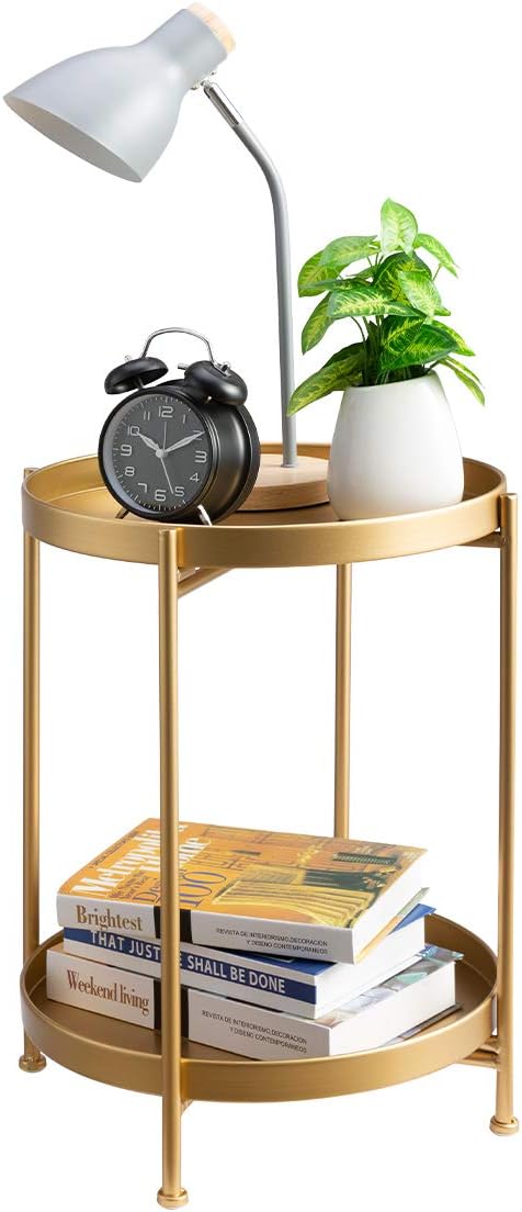 2-Tier Round Metal End Side Table, Accent Anti-Rust Waterproof Simplistic Sofa Table