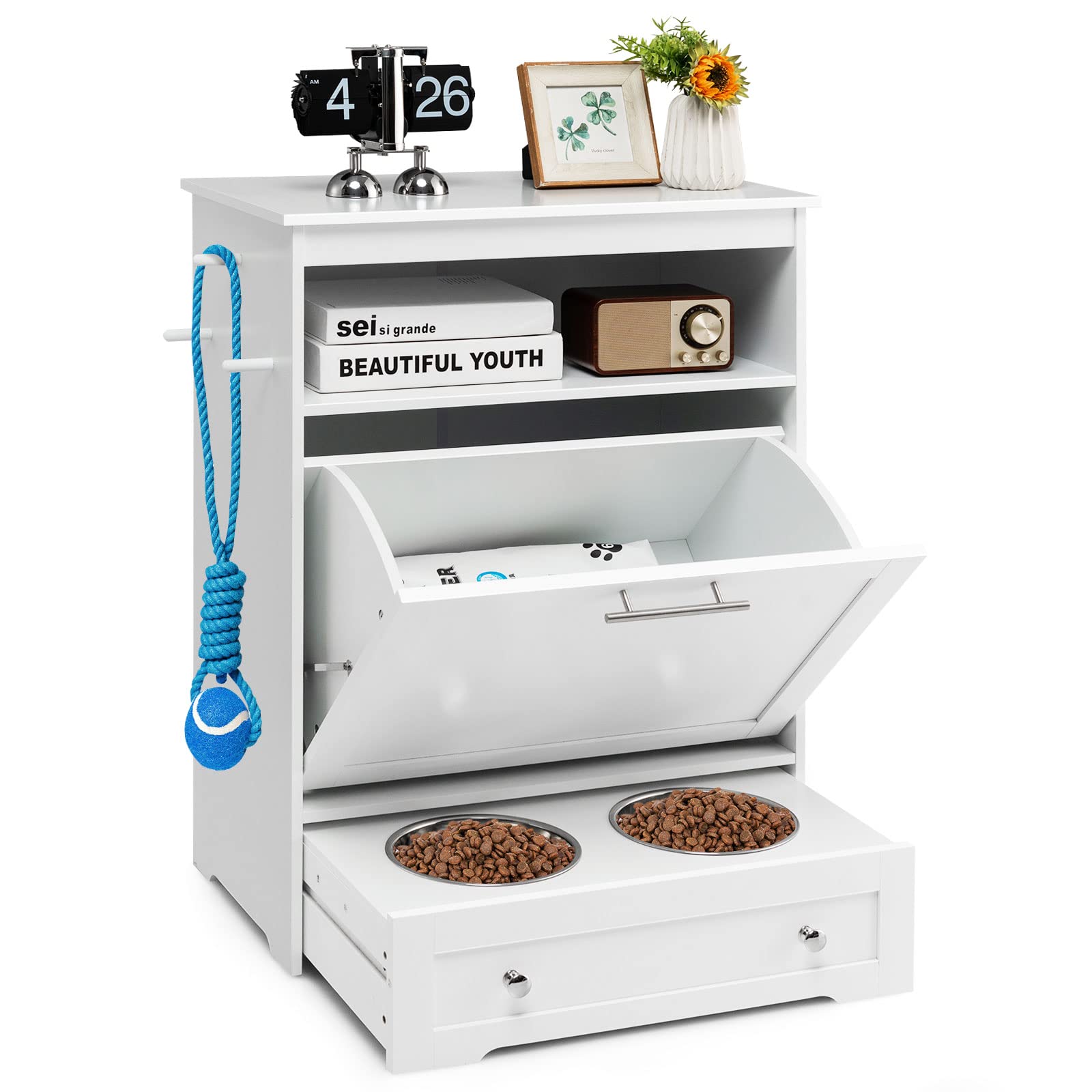 Pet Feeder Station with Storage & Double Bowls