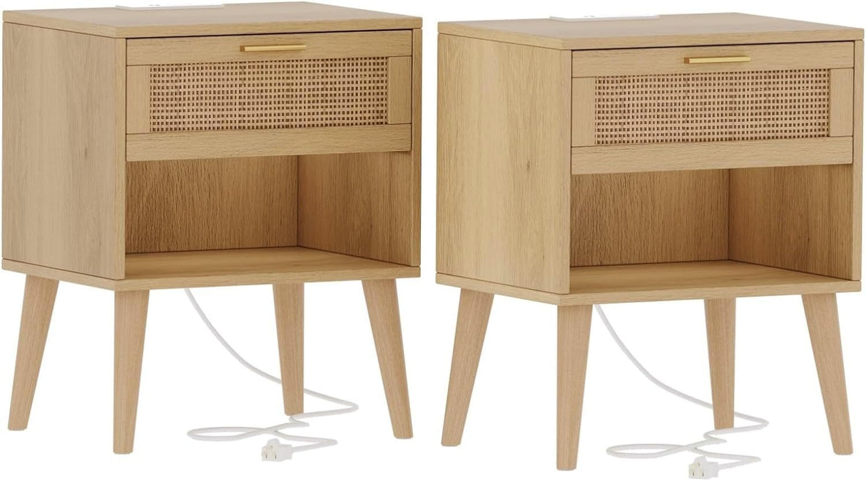 Nightstands Set of 2, Night Stands with Charging Station & Rattan Drawer, Boho Style Bed