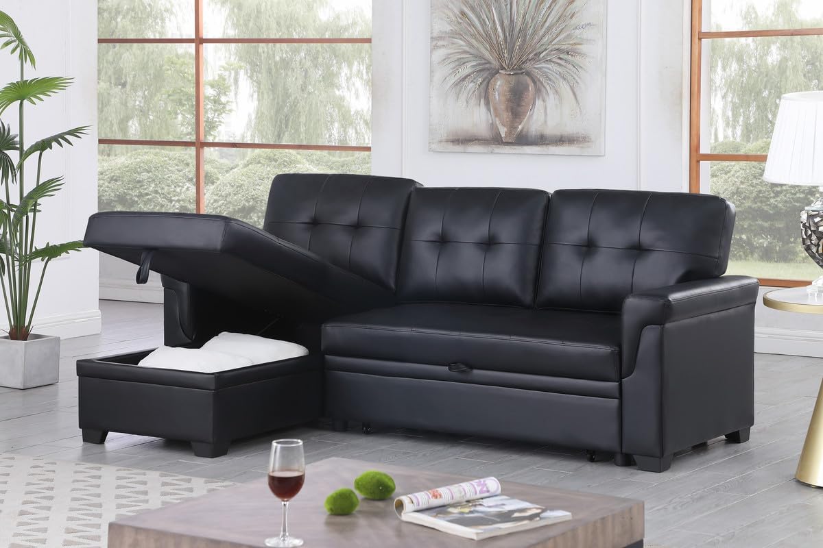 Lexi 83.5" W Black Vegan Leather Modern Reversible Sleeper Sectional Sofa with Storage Chaise