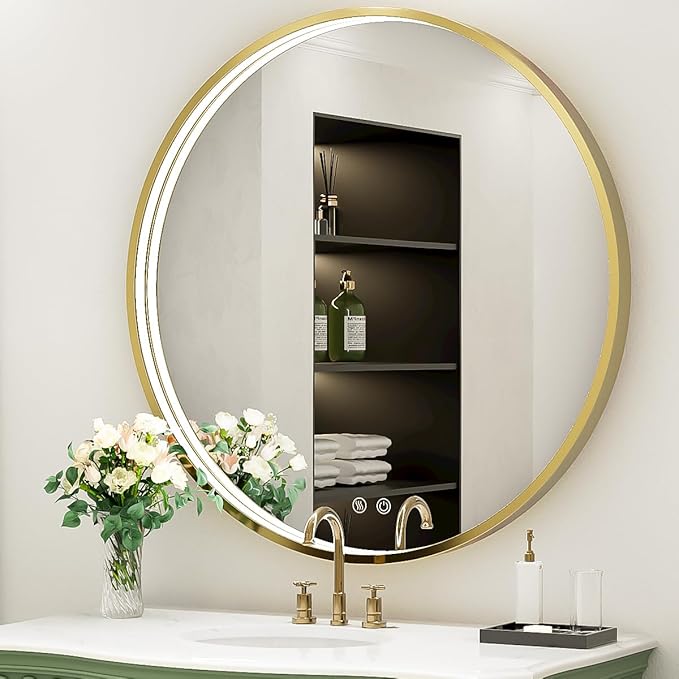 28 Inch LED Black Frame Round Mirror,Round Bathroom Mirror with Light,Anti-Fog & Dimmable