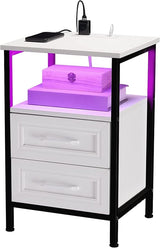 Nightstands Set of 2,Nightstand with Charging Station and RGB Lights,2 Drawers Bedside