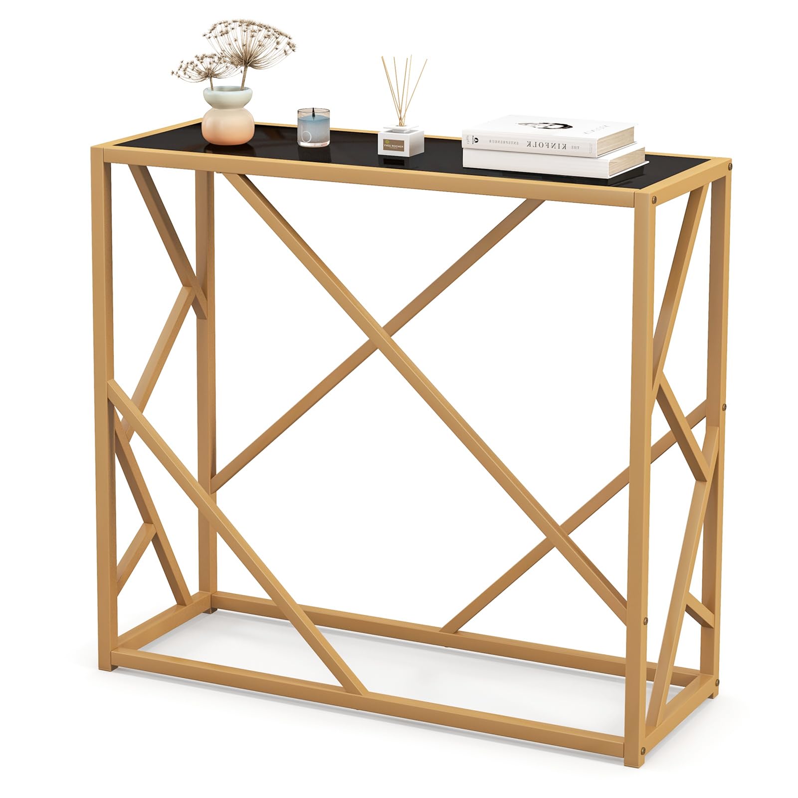 31.5" Gold Entryway Console Table - Narrow Sofa Side Table w/Metal Frame & Tempered
